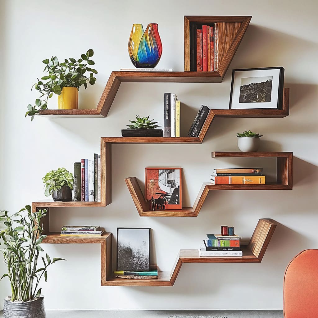 Zigzag wooden shelf design decorated with multicolored glass vases, plants in yellow pots, succulents, upright books Zigzag wooden shelf design decorated with multicolored glass vases, plants in yellow pots, succulents, upright books