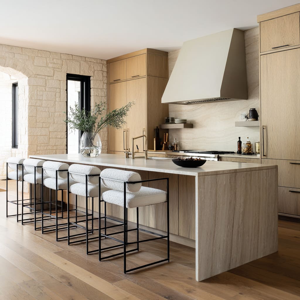 boucle cylinder stool design framed in matte black cubes under a pale oak and travertine kitchen with brass and black accents boucle cylinder stool design framed in matte black cubes under a pale oak and travertine kitchen with brass and black accents