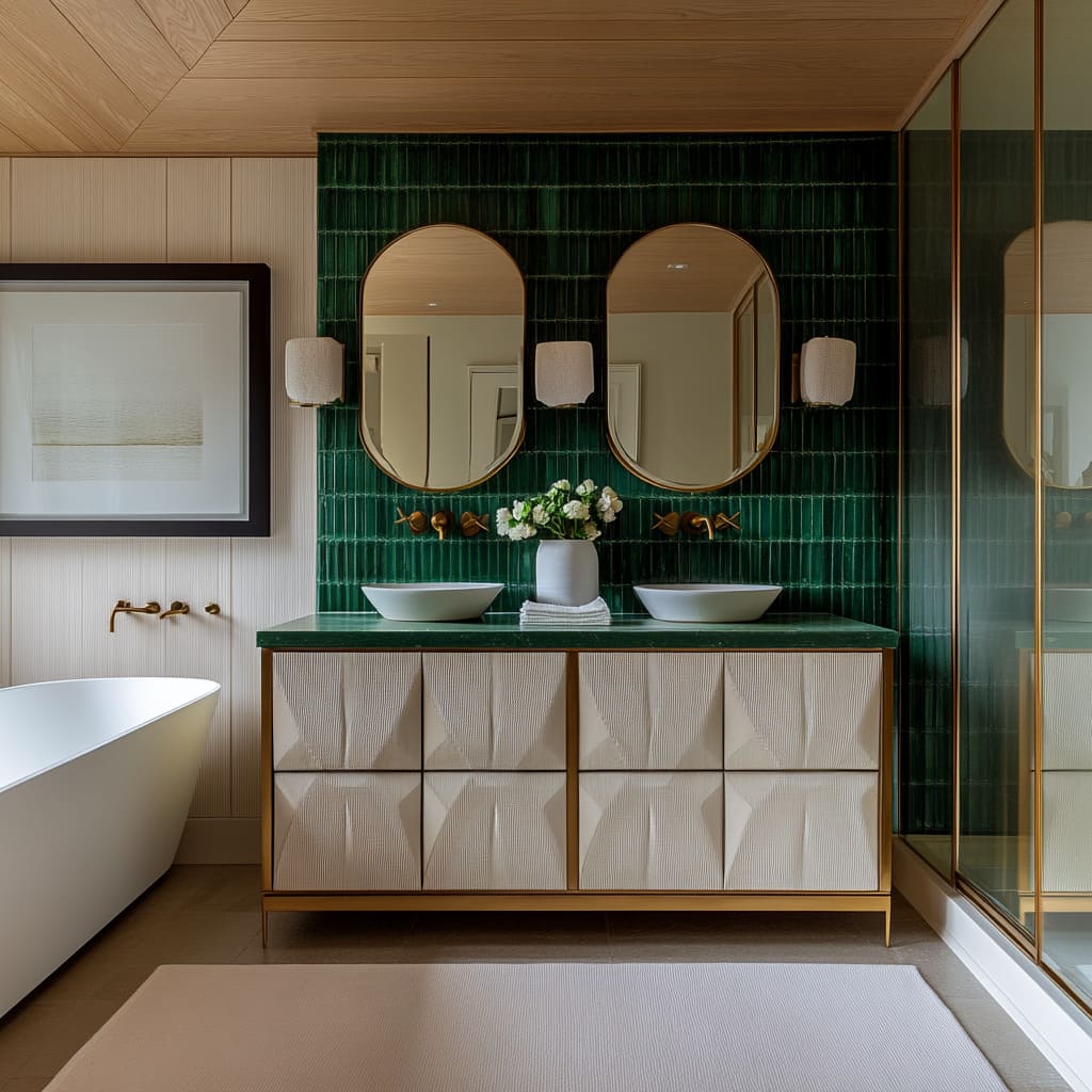 emerald tile vanity with sculptural cabinet fronts emerald tile vanity with sculptural cabinet fronts
