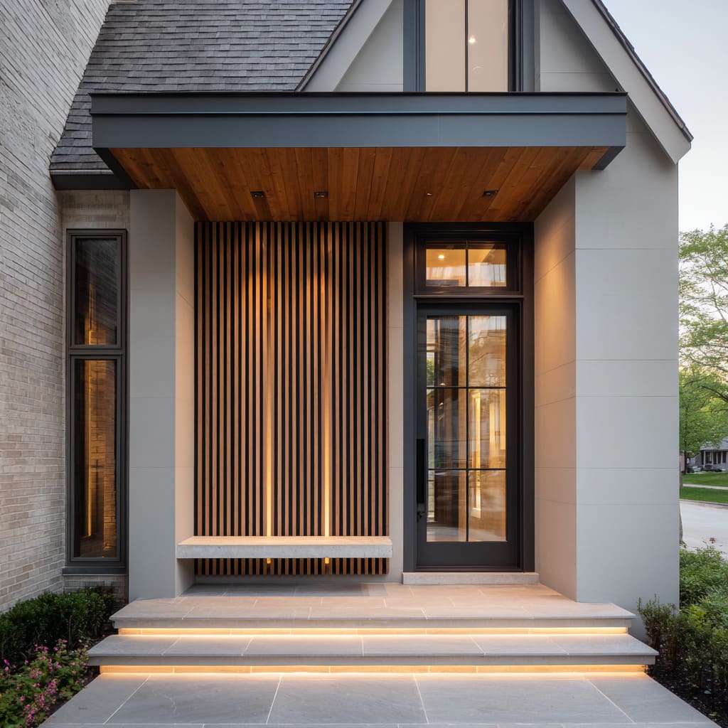 entry box design with dark slat wall, floating lighted bench, warm timber canopy