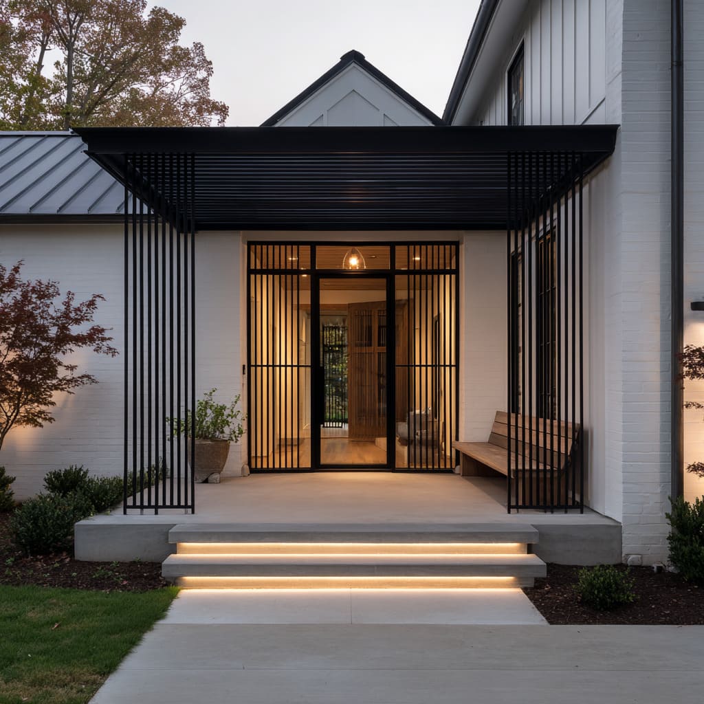 farmhouse entry design with black canopy and picket screens, glass door, pendant light