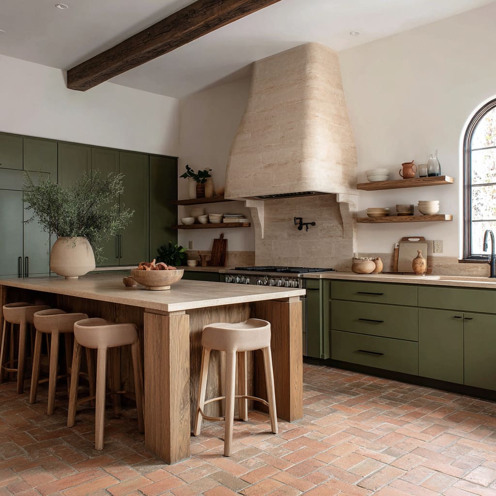 farmhouse-style kitchen design with full terracotta brick floor, timber island with pale stone top, warm wood shelves farmhouse-style kitchen design with full terracotta brick floor, timber island with pale stone top, warm wood shelves