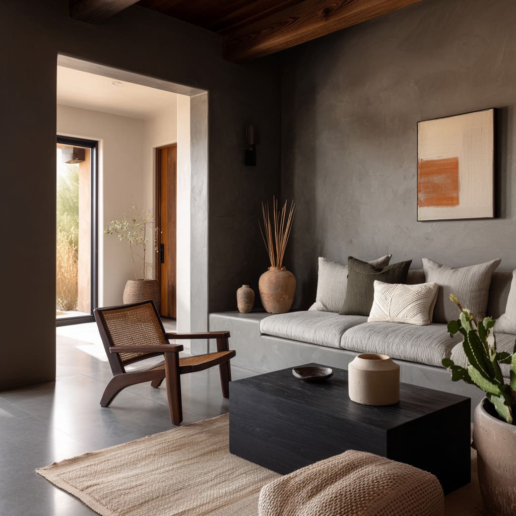 gray clay-walled family room design with built-in bench seating, moss and cream pillows, sculptural earthen vase gray clay-walled family room design with built-in bench seating, moss and cream pillows, sculptural earthen vase