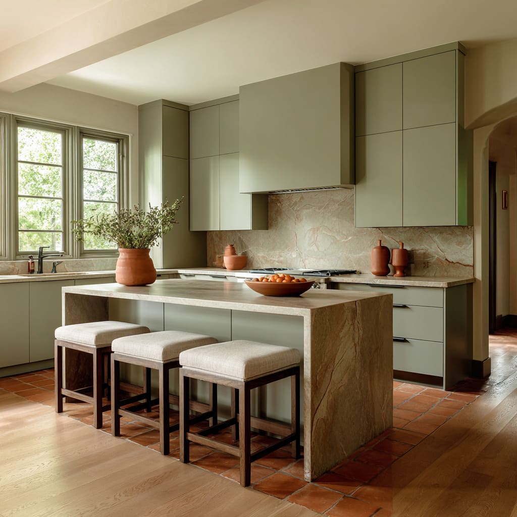 grey-green kitchen ideas with a terracotta floor inset, pale stone island with waterfall sides, full-height flat green cabinets grey-green kitchen ideas with a terracotta floor inset, pale stone island with waterfall sides, full-height flat green cabinets