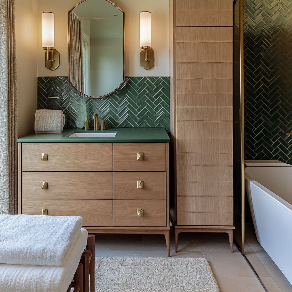 herringbone green tile and brass-accented light wood vanity concept herringbone green tile and brass-accented light wood vanity concept