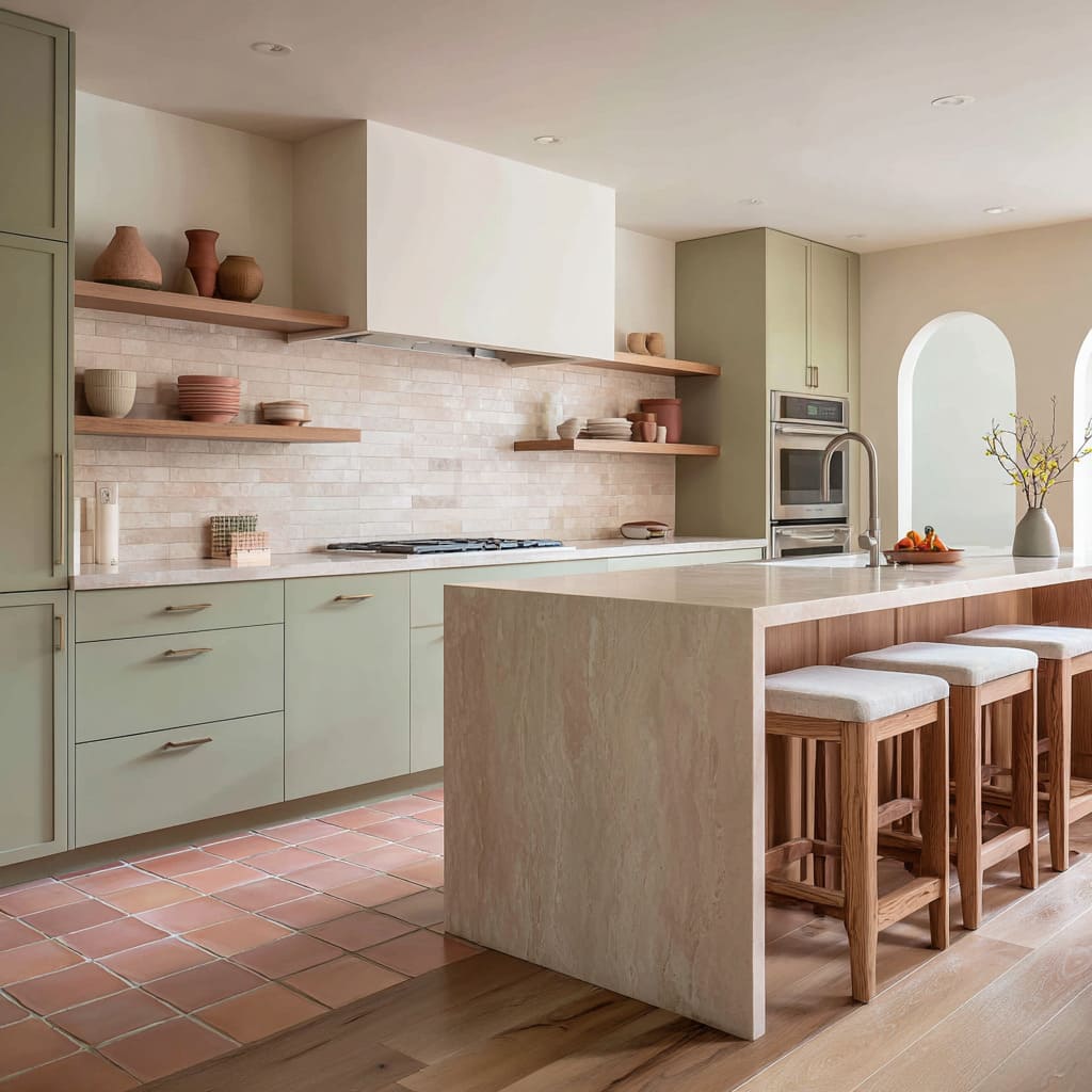 kitchen ideas with large terracotta floor tiles forming an L-shape, pale stone waterfall island, thick wood shelves kitchen ideas with large terracotta floor tiles forming an L-shape, pale stone waterfall island, thick wood shelves