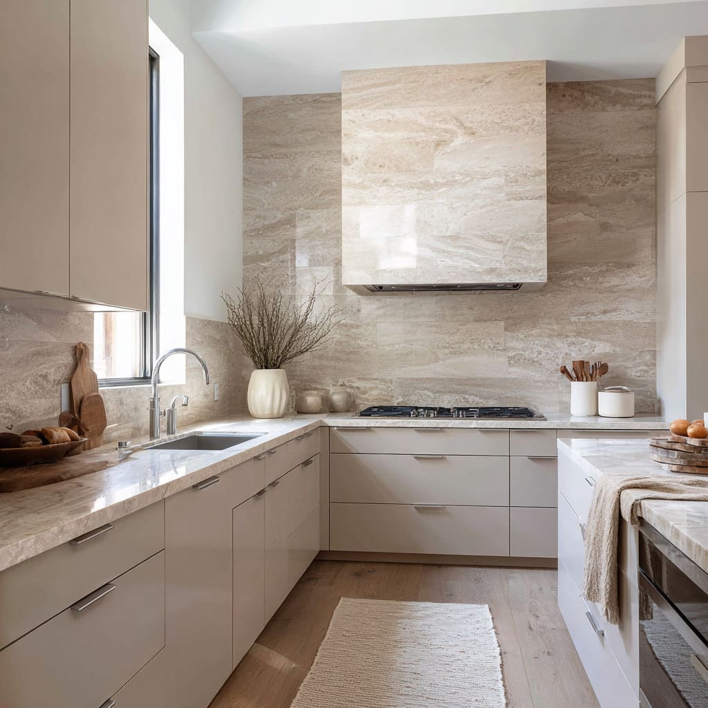 limestone sand kitchen design with full-height veined stone walls, greige cabinetry, brushed metal pulls, pale oak flooring limestone sand kitchen design with full-height veined stone walls, greige cabinetry, brushed metal pulls, pale oak flooring