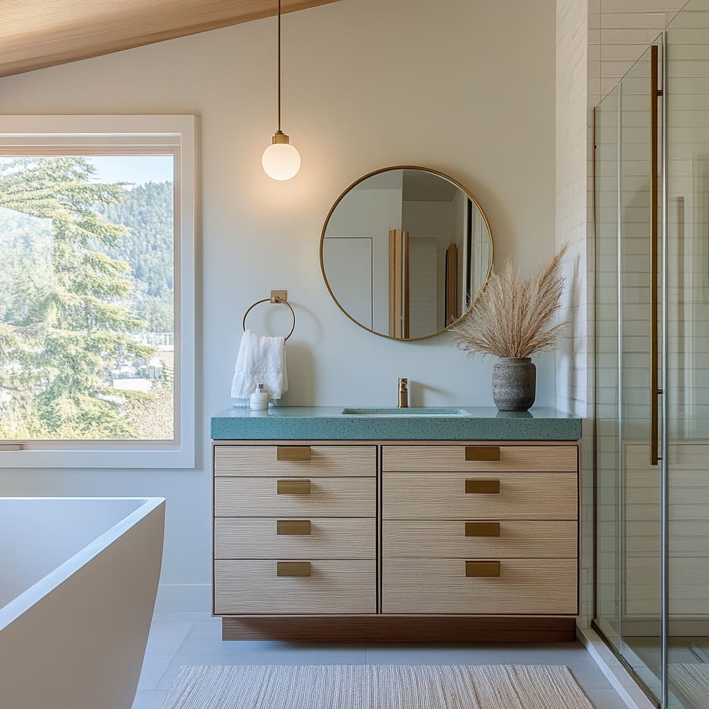 modern bathroom design with a floating light-wood vanity, teal countertop, round brass mirror, globe pendant, pampas arrangement modern bathroom design with a floating light-wood vanity, teal countertop, round brass mirror, globe pendant, pampas arrangement