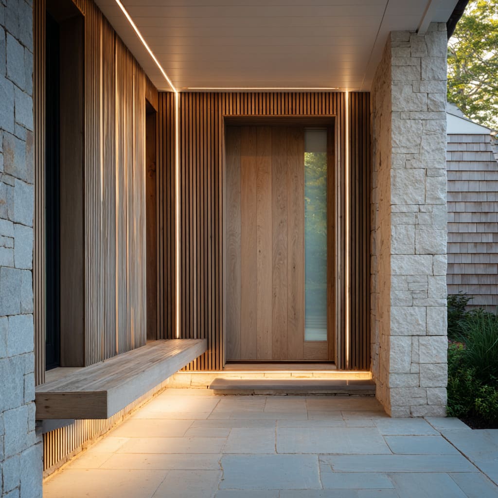 oak slat porch inspiration with glowing seams, recessed oak door with frosted sidelight, floating cantilevered bench