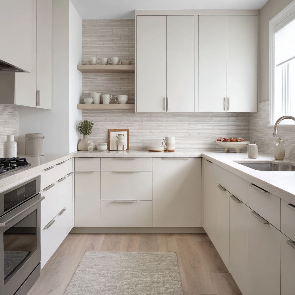 oat-sand kitchen design with flat slab doors, ribbed backsplash, pale speckled counters, floating shelves, neutral ceramics oat-sand kitchen design with flat slab doors, ribbed backsplash, pale speckled counters, floating shelves, neutral ceramics