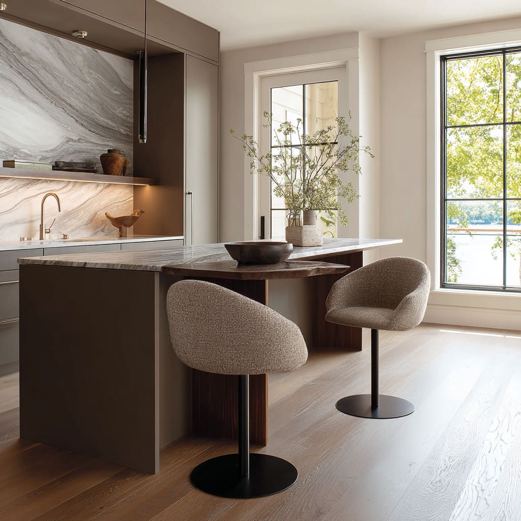 pebble boucle pedestal stool ideas paired with a hybrid counter featuring veined stone and a warm walnut ledge pebble boucle pedestal stool ideas paired with a hybrid counter featuring veined stone and a warm walnut ledge