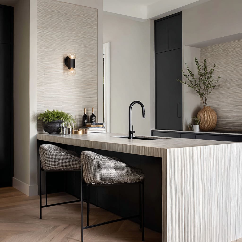 peppered-textile stool design with low scooped seats positioned under a ribbed waterfall counter with black pencil legs and warm bronze details peppered-textile stool design with low scooped seats positioned under a ribbed waterfall counter with black pencil legs and warm bronze details