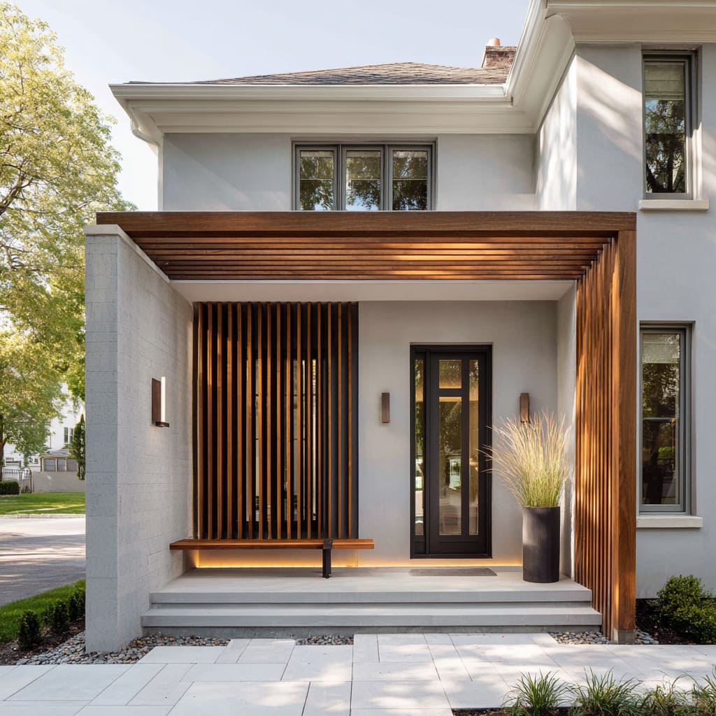pergola porch design with cedar slats forming roof and wall, floating bench with warm underlight, matte door