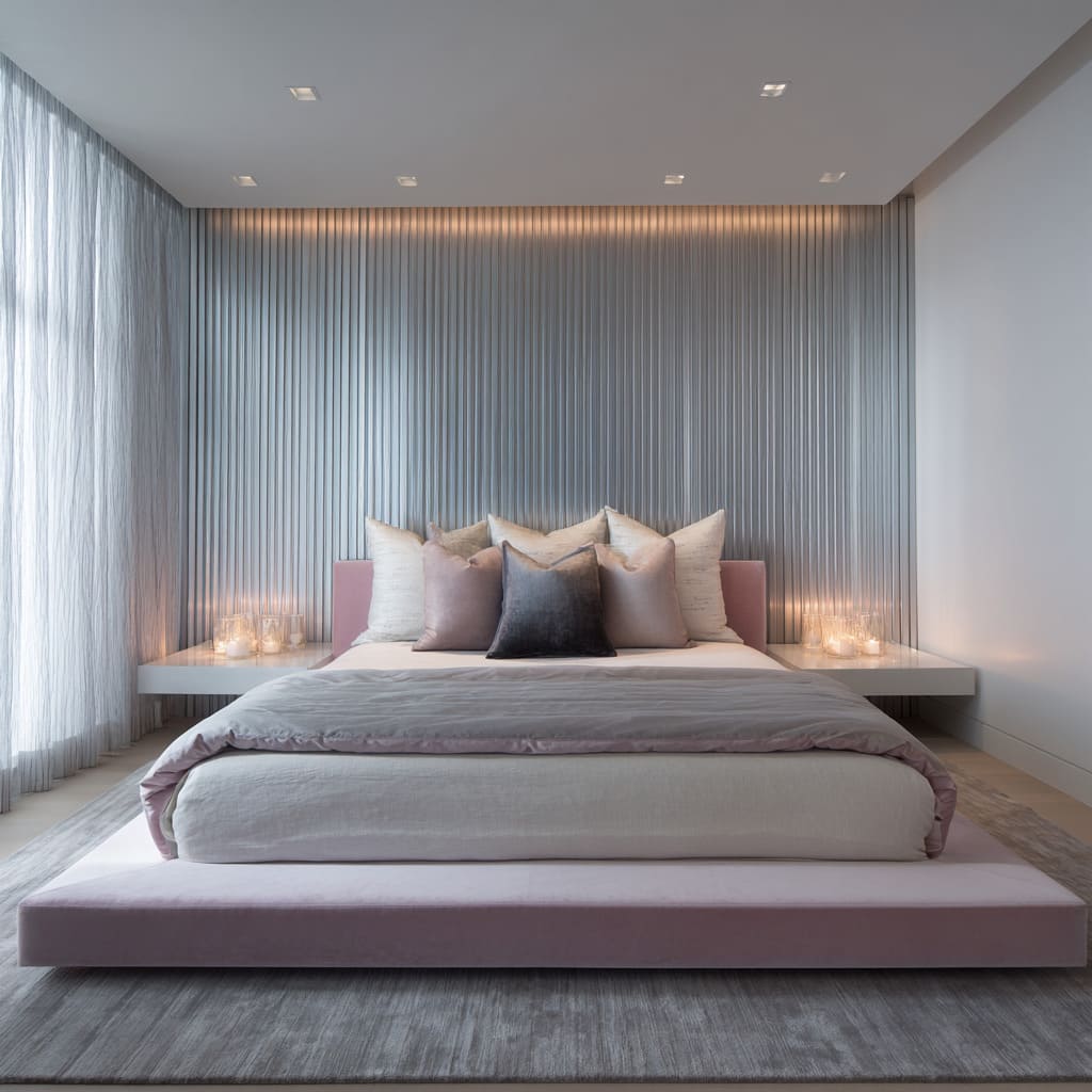 platform bed concept before tight fluted silver wall with concealed top glow, floating ledges with glass hurricanes