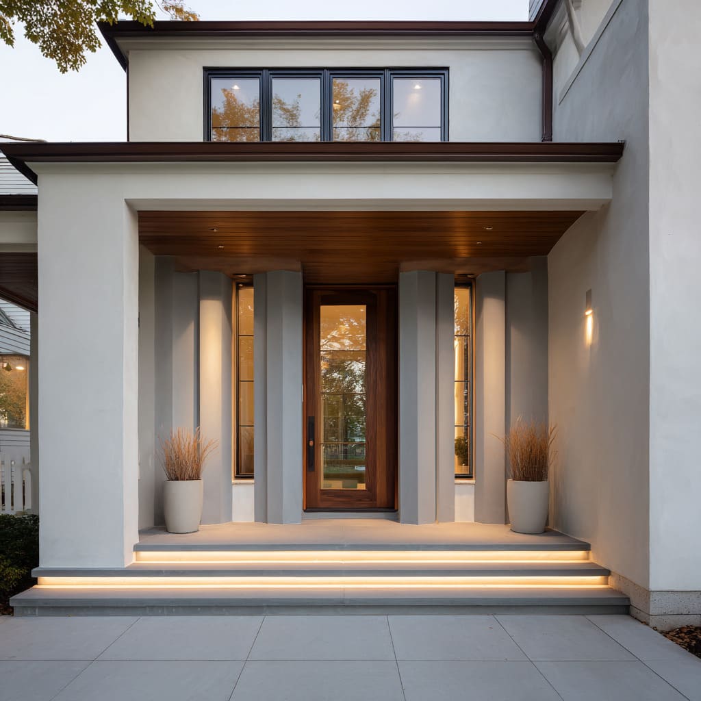 porch inspiration with paired plaster posts, warm wood door, low wood ceiling, tall sidelights