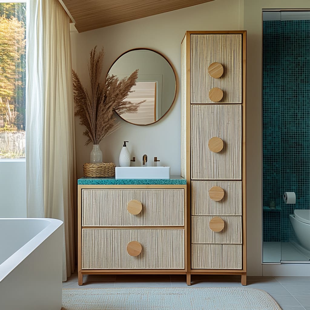 ribbed wood vanity idea with oversized circular pulls and teal counter ribbed wood vanity idea with oversized circular pulls and teal counter