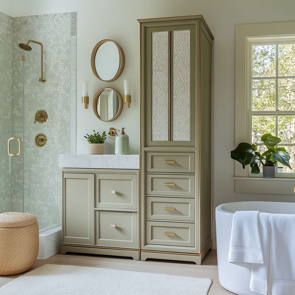 sage mid-century bathroom ideas with recessed-panel cabinetry, tall textured mosaic cabinet doors, stacked oval mirrors sage mid-century bathroom ideas with recessed-panel cabinetry, tall textured mosaic cabinet doors, stacked oval mirrors