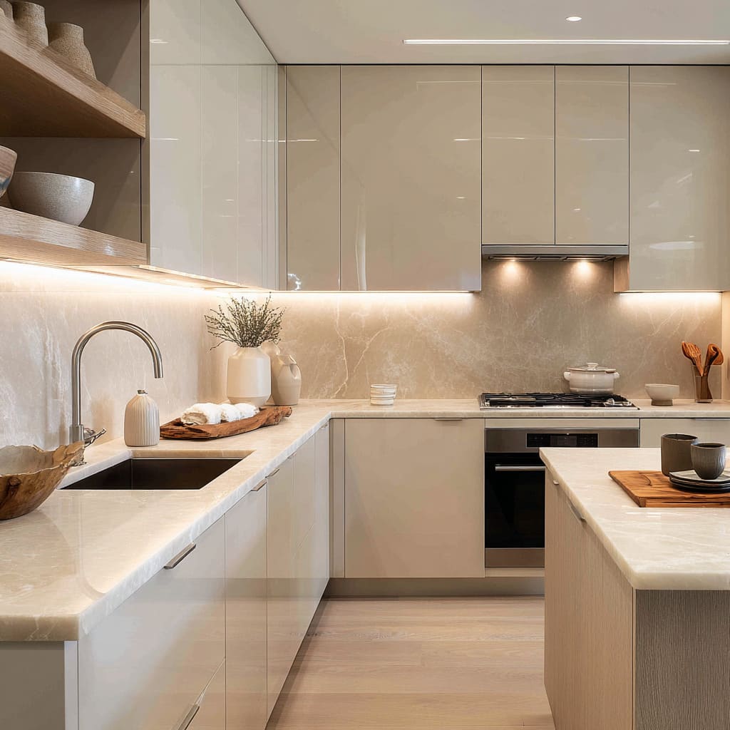 silica-sand U-shaped kitchen ideas with pale stone counters, under-cabinet lighting, oak open shelves, dark sink accent silica-sand U-shaped kitchen ideas with pale stone counters, under-cabinet lighting, oak open shelves, dark sink accent