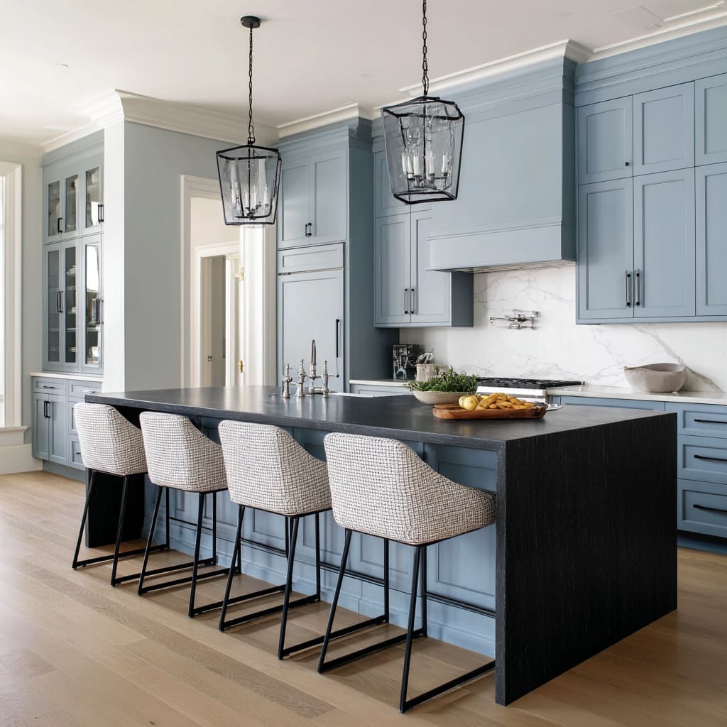 tweed barrel stool ideas with black sled bases set at a long black waterfall island surrounded by soft blue cabinetry tweed barrel stool ideas with black sled bases set at a long black waterfall island surrounded by soft blue cabinetry