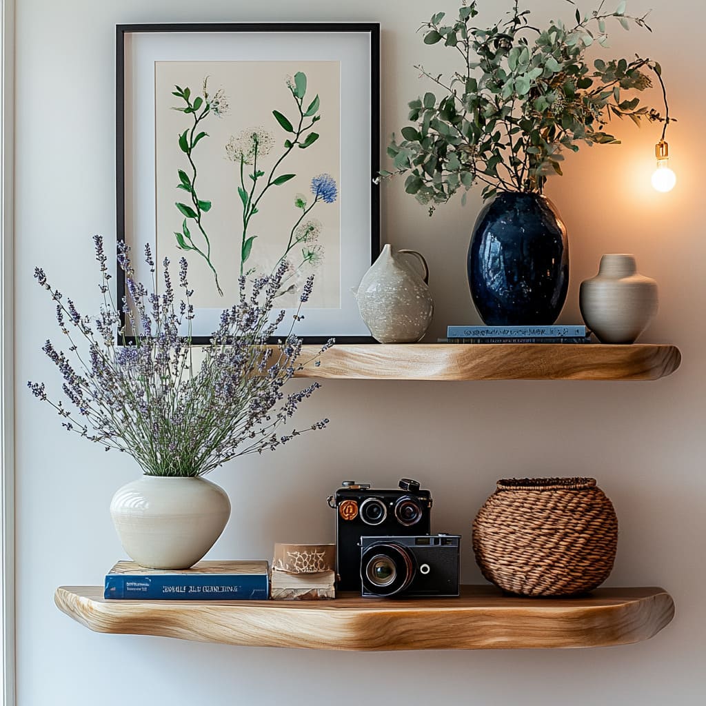 two organic wood floating shelves that look almost like soft brushstrokes on a pale wall two organic wood floating shelves that look almost like soft brushstrokes on a pale wall