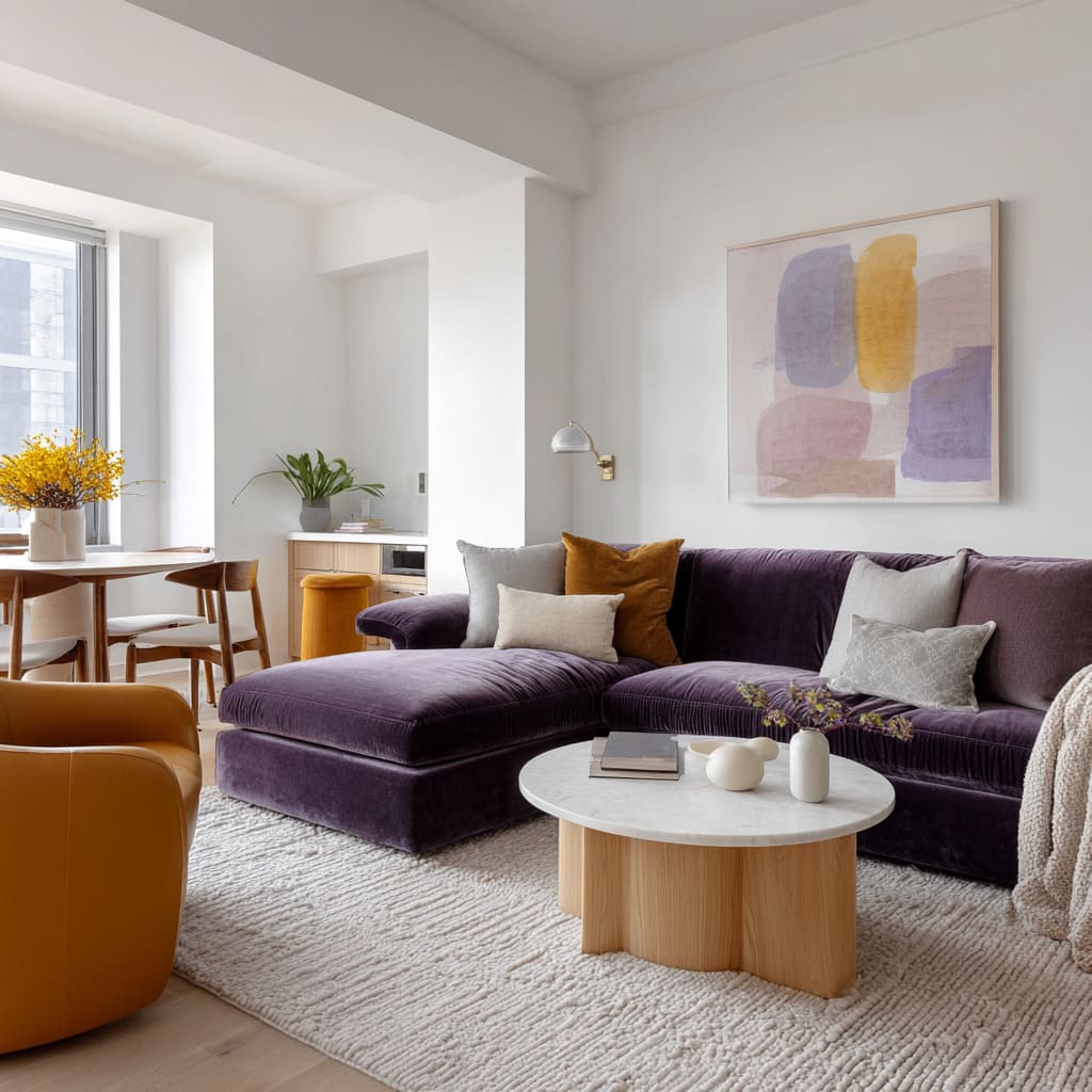 A sofa upholstery reads as deep plum aubergine which sits close to navy on the dark and moody side of the spectrum A sofa upholstery reads as deep plum aubergine which sits close to navy on the dark and moody side of the spectrum