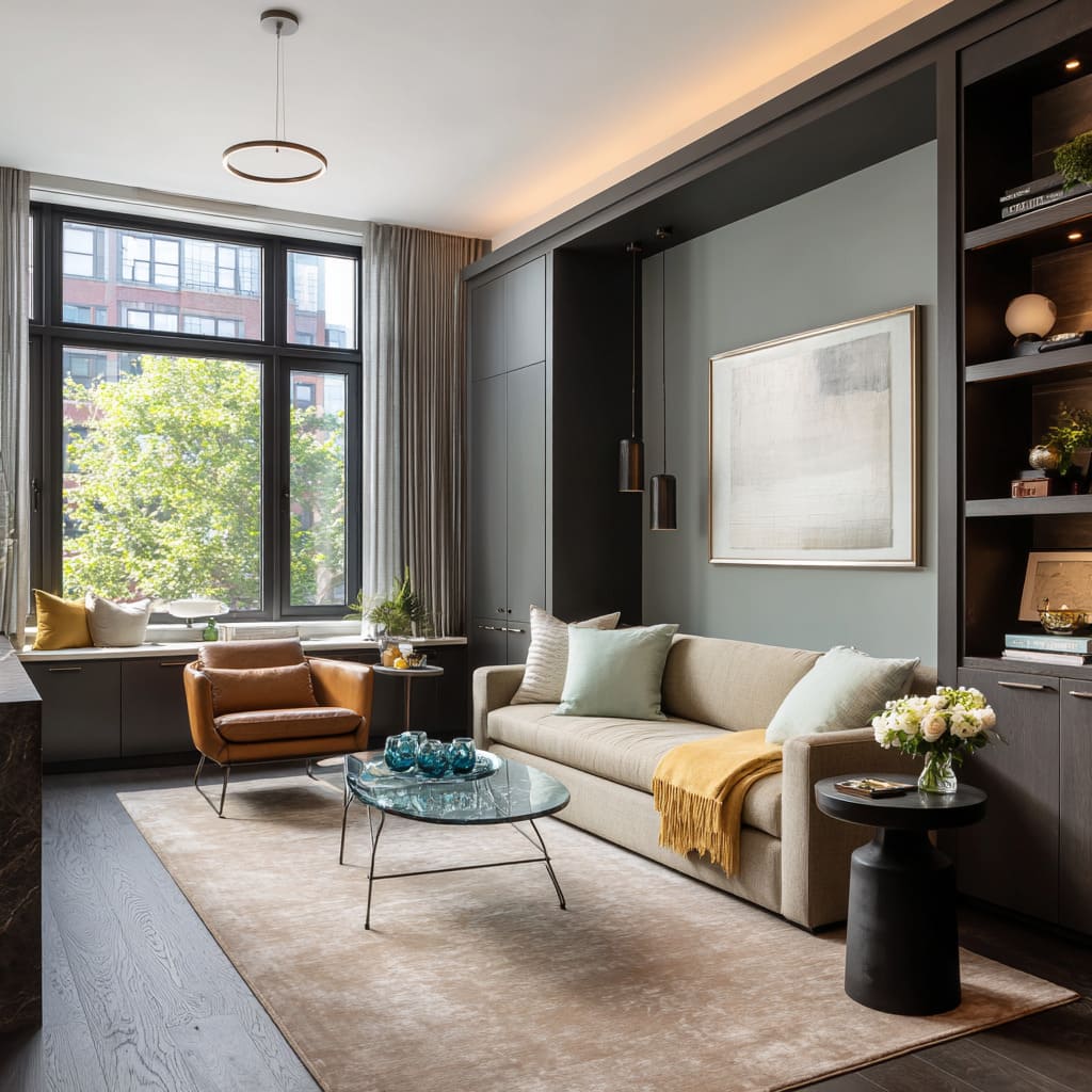 Blue-gray soft slate wall framed by black built-ins a controlled color window inside a dark border Blue-gray soft slate wall framed by black built-ins a controlled color window inside a dark border