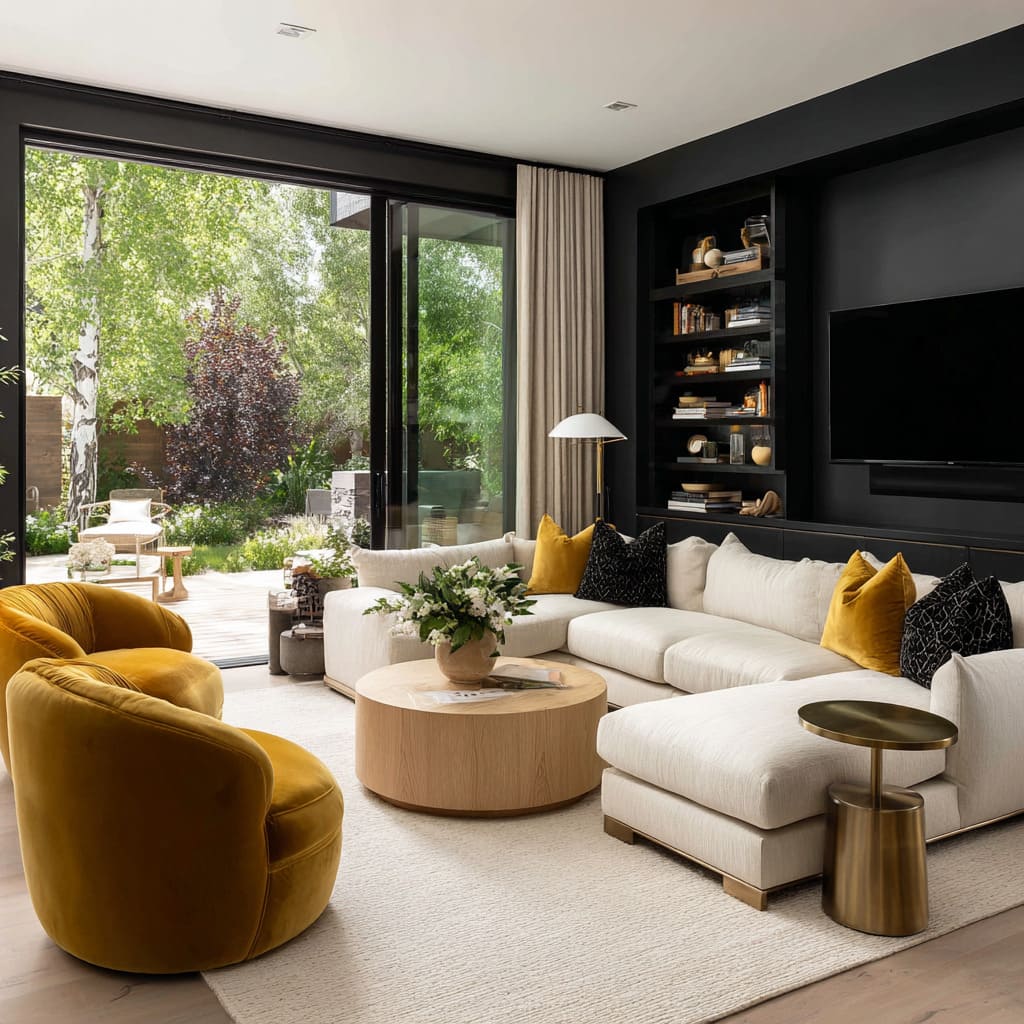 Charcoal-black built-in wall as visual compression, making the outdoor green view feel brighter and the sofa feel sculpted Charcoal-black built-in wall as visual compression, making the outdoor green view feel brighter and the sofa feel sculpted