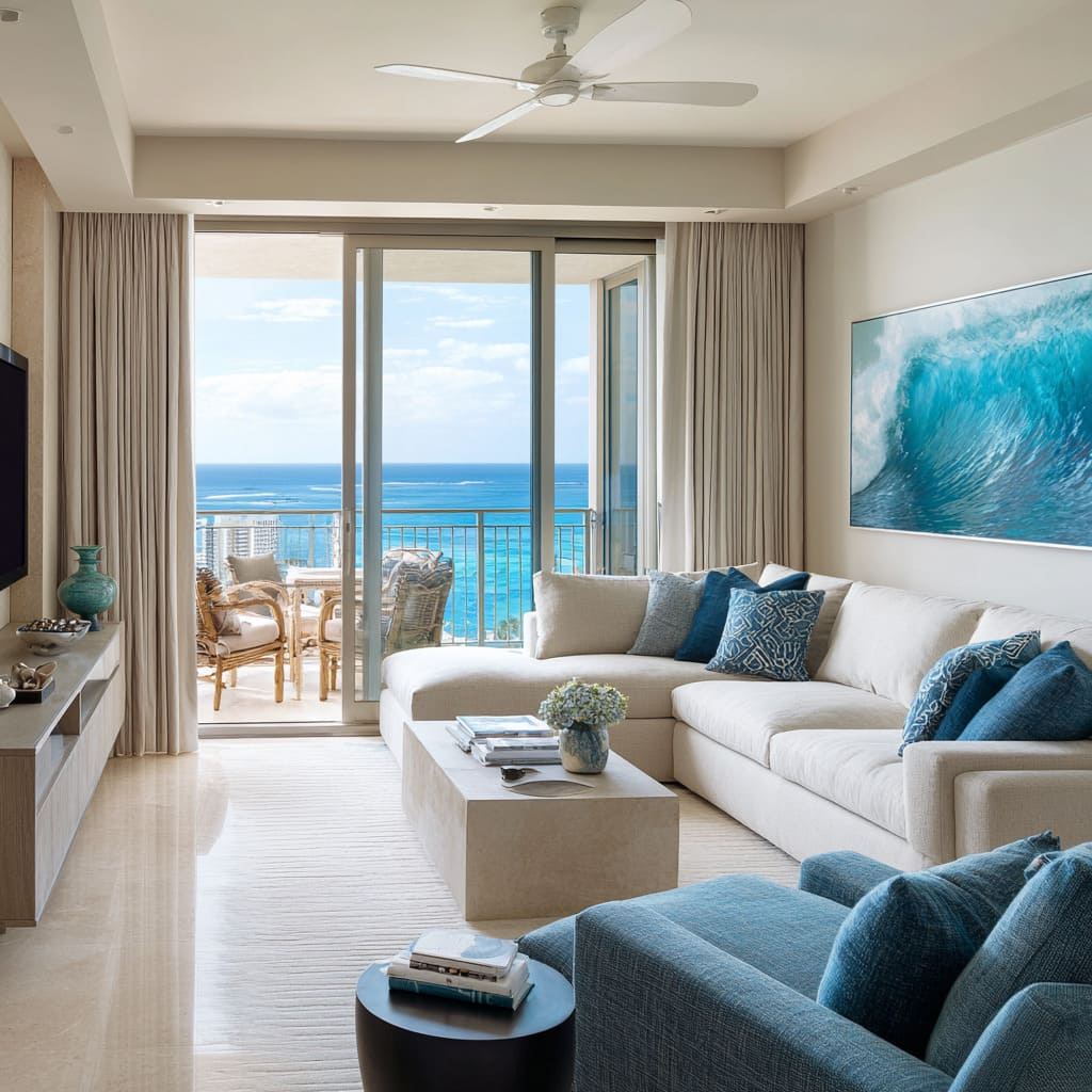Coastal living room concept with ocean view pale neutral sectional and teal-to-sapphire blue accents Coastal living room concept with ocean view pale neutral sectional and teal-to-sapphire blue accents