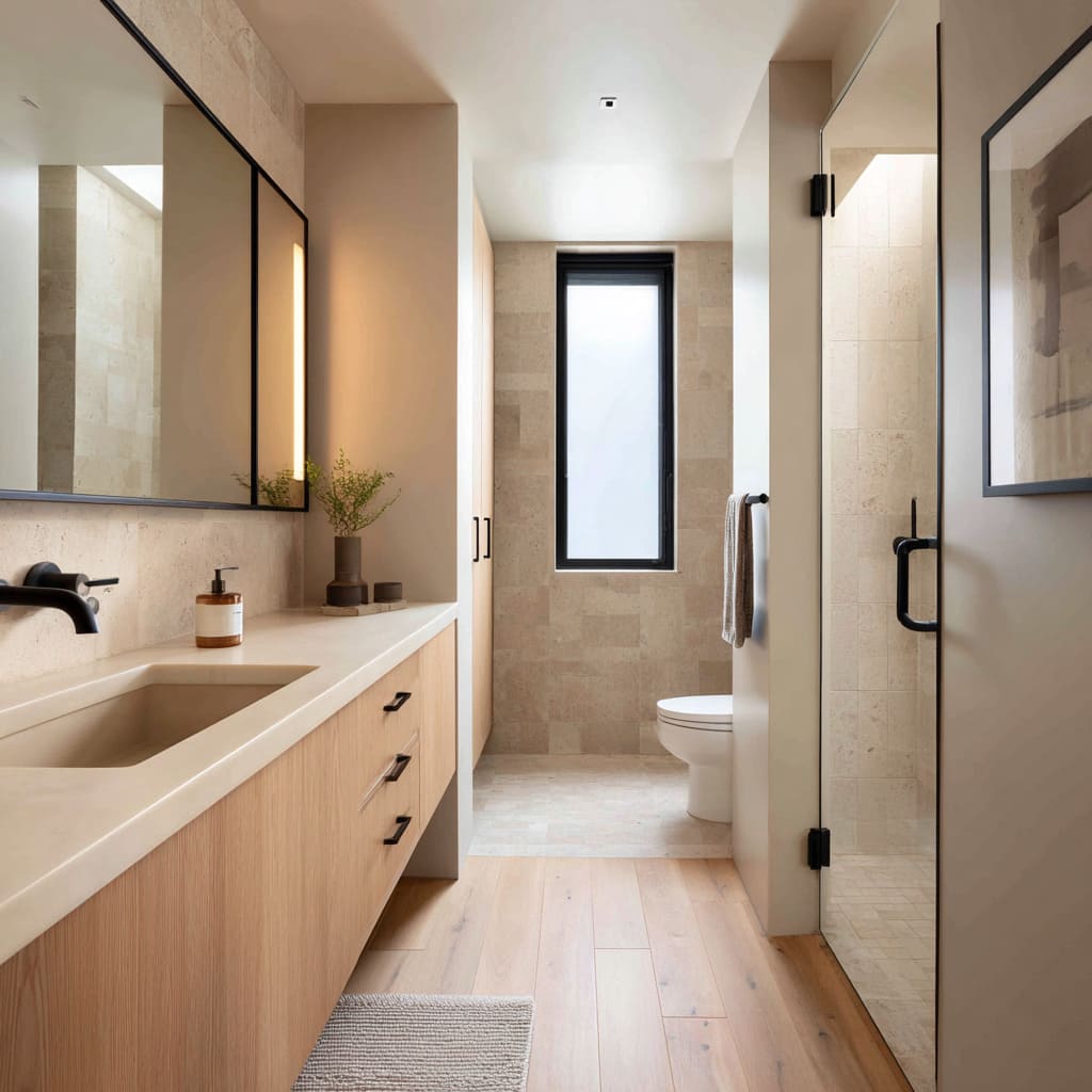 Contemporary look vanity corridor layout where black details stitch together wood, stone, and soft light. Contemporary look vanity corridor layout where black details stitch together wood, stone, and soft light.