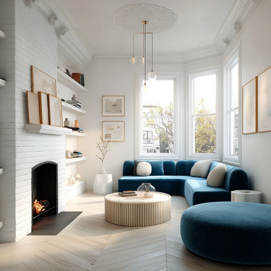 Curved deep-teal sofa in a classic white design, where blue becomes the soft architecture Curved deep-teal sofa in a classic white design, where blue becomes the soft architecture