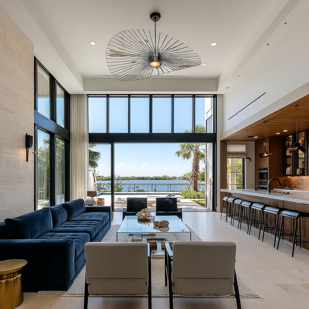 Dramatic modern room with deep navy tufted sofa, where blue becomes the shadow line against sun and steel Dramatic modern room with deep navy tufted sofa, where blue becomes the shadow line against sun and steel