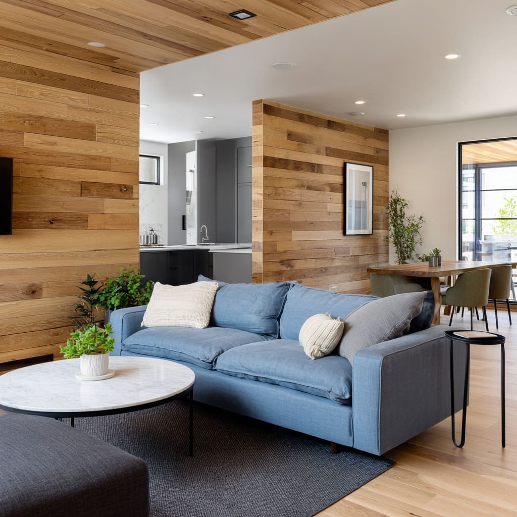 Dusty denim-blue sofa in a warm-wood modern design with blue as the soft break inside a wood envelope Dusty denim-blue sofa in a warm-wood modern design with blue as the soft break inside a wood envelope