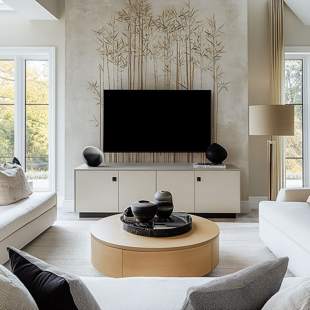 Eco-style TV wall ideas with a warm bamboo canopy that behaves like calm wall art, not a loud feature Eco-style TV wall ideas with a warm bamboo canopy that behaves like calm wall art, not a loud feature