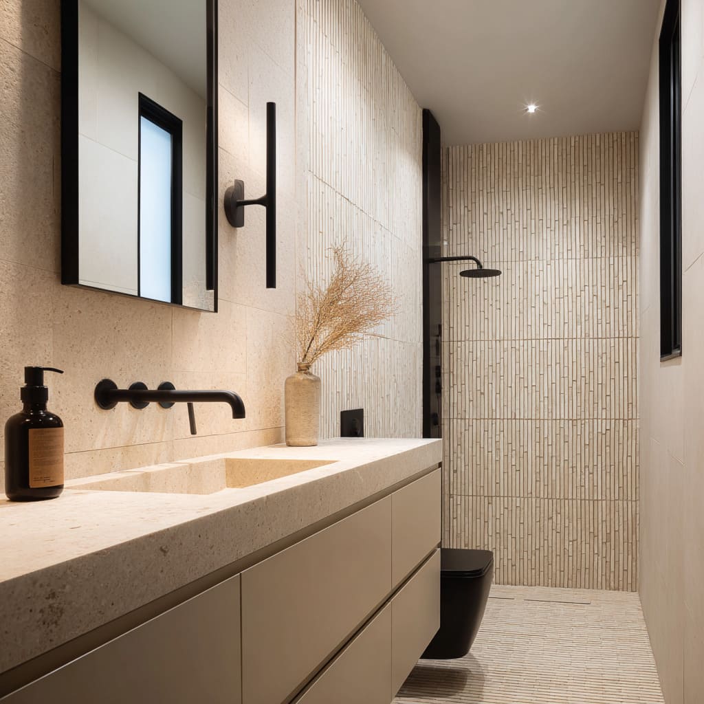 Elongated fluted-stone tunnel bathroom concept with beige shell and black fixtures as repeating notes. Elongated fluted-stone tunnel bathroom concept with beige shell and black fixtures as repeating notes.