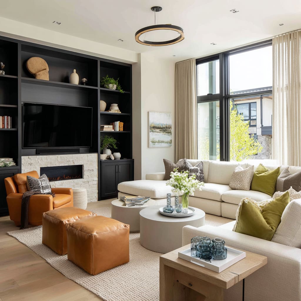 Feature charcoal wall that turns the whole side of the room into a gallery backdrop, then softens it with cream olive Feature charcoal wall that turns the whole side of the room into a gallery backdrop, then softens it with cream olive