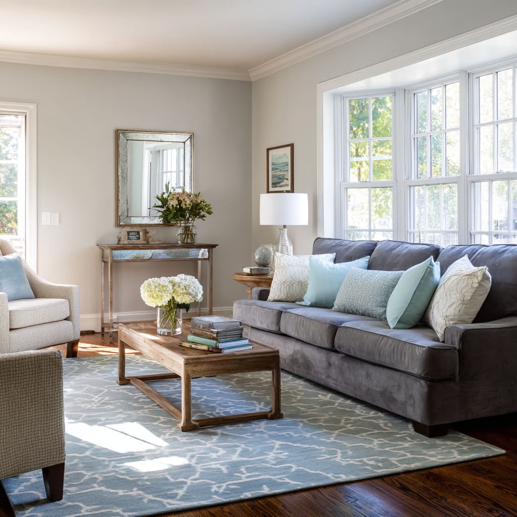 Gray-blue sofa as the quiet anchor with minty pillows and a pale-blue trellis rug Gray-blue sofa as the quiet anchor with minty pillows and a pale-blue trellis rug