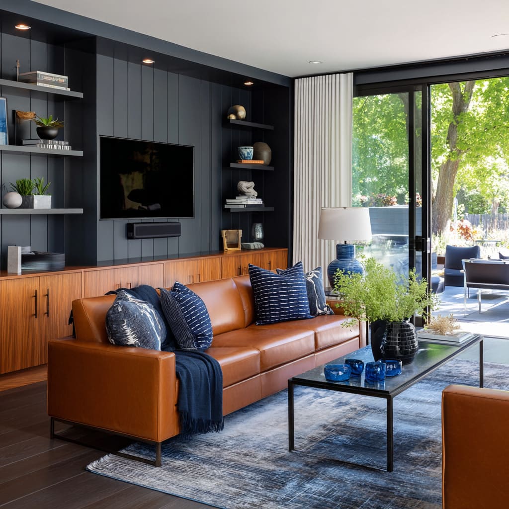 Interesting blue-gray TV wall panels as structured depth, balanced by warm wood and caramel leather Interesting blue-gray TV wall panels as structured depth, balanced by warm wood and caramel leather