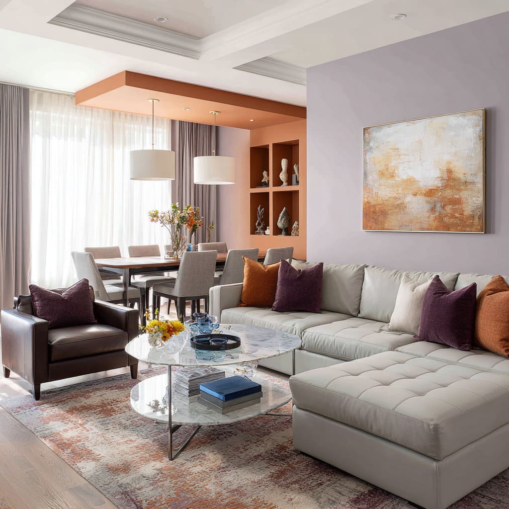 Lavender-gray wall with warm terracotta ceiling frame and plum accents for a modern, soft luxury mood Lavender-gray wall with warm terracotta ceiling frame and plum accents for a modern, soft luxury mood