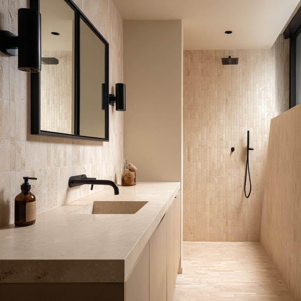 Long beige walk-in shower and vanity wall with slim black features and soft side light. Long beige walk-in shower and vanity wall with slim black features and soft side light.