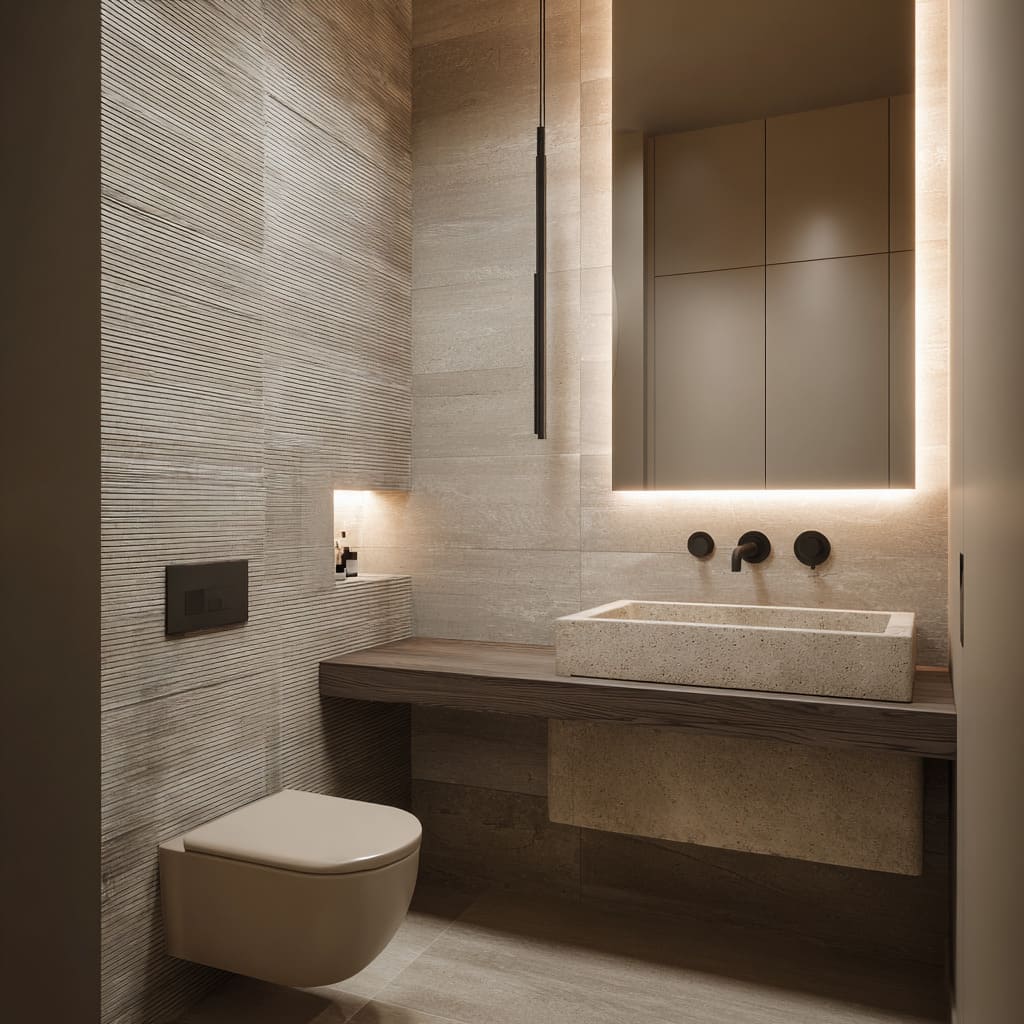 Modern powder room design with layered stone neutrals and a “shadow-box” mirror zone