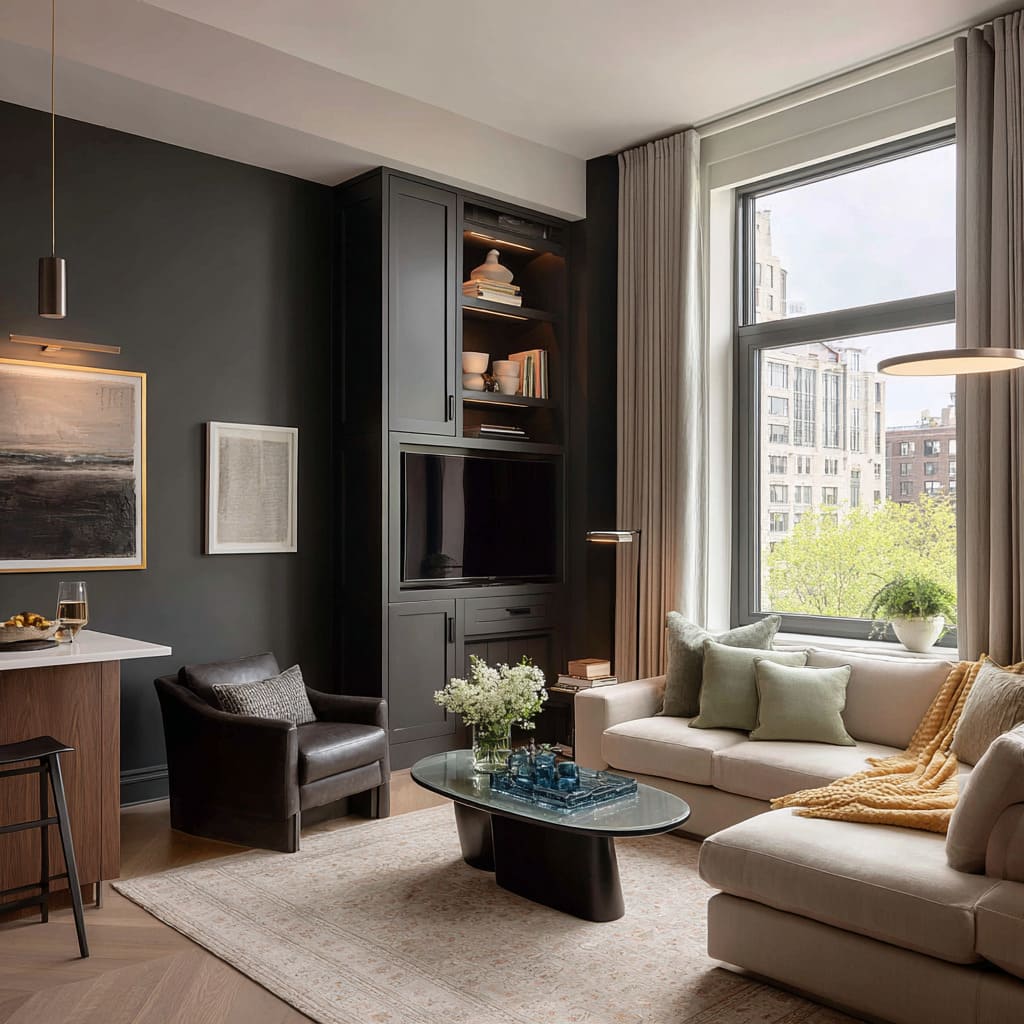 Nice charcoal wall and warm taupe drapery a city night backdrop that makes neutrals look richer Nice charcoal wall and warm taupe drapery a city night backdrop that makes neutrals look richer