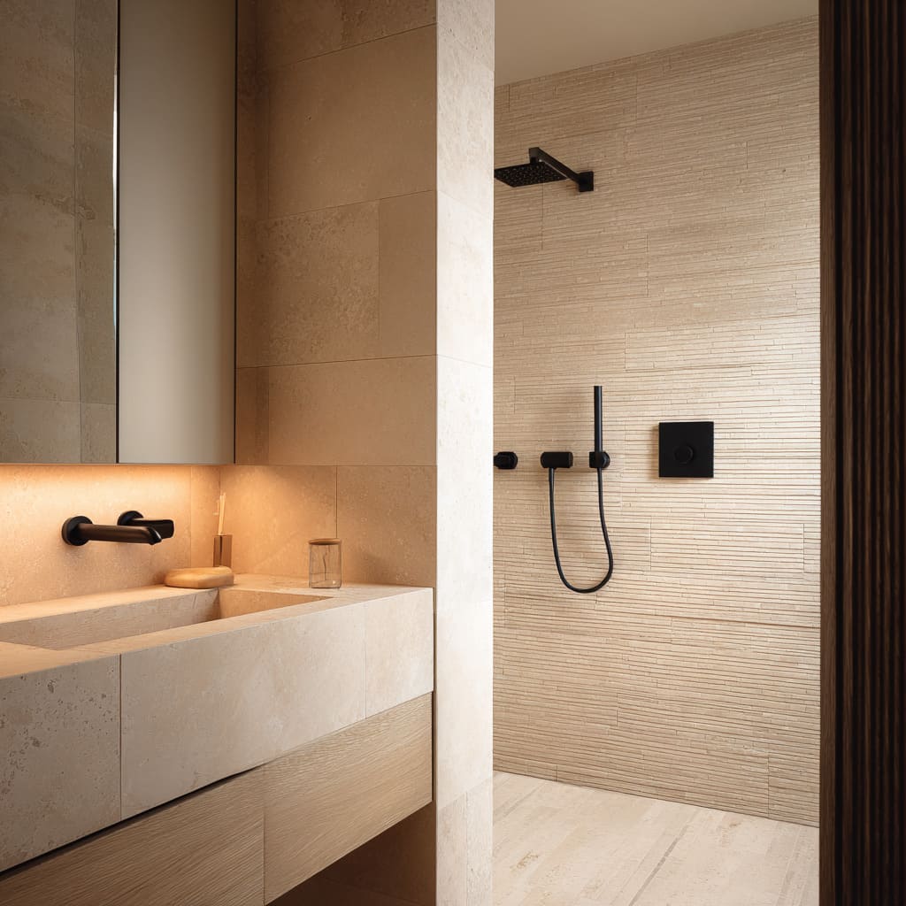 Nice compact beige stone vanity nook concept opening into a textured shower with graphic black lines. Nice compact beige stone vanity nook concept opening into a textured shower with graphic black lines.