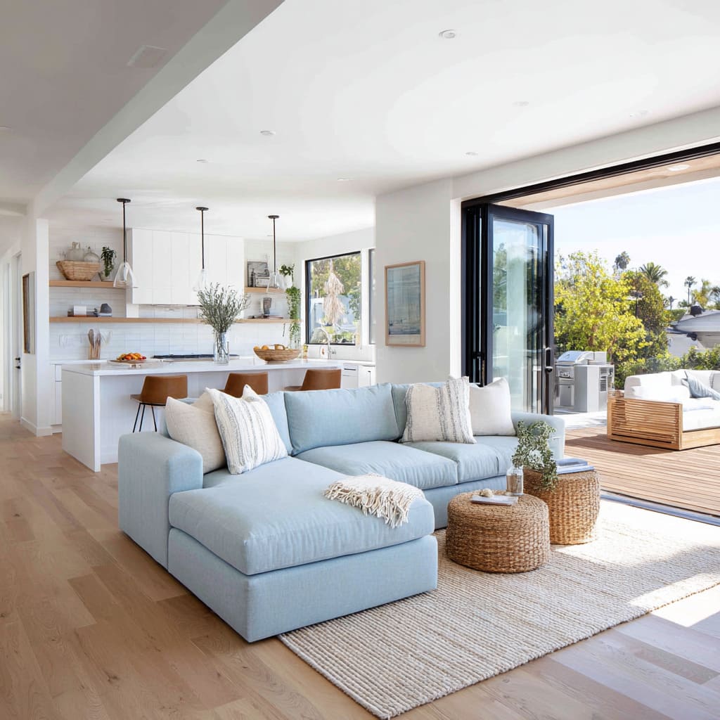 Pale sky-blue sectional in an open-plan white kitchen with indoor-outdoor view Pale sky-blue sectional in an open-plan white kitchen with indoor-outdoor view
