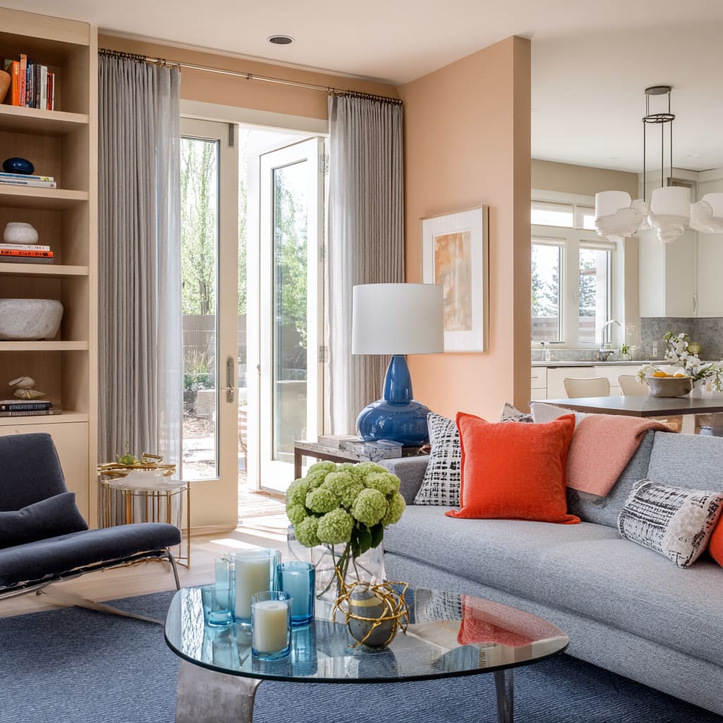 Peachy beige wall as a soft filter that flatters gray and makes orange accents feel intentional Peachy beige wall as a soft filter that flatters gray and makes orange accents feel intentional