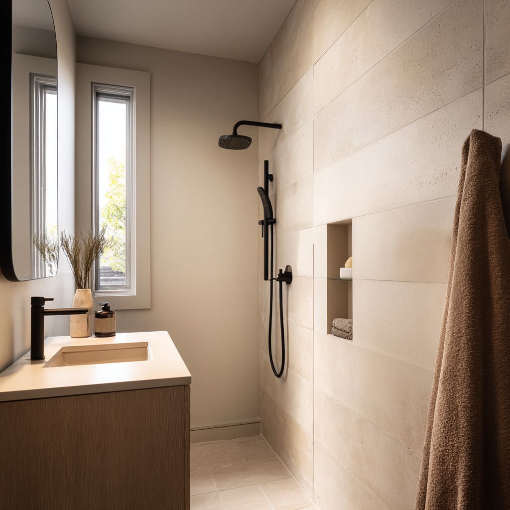 Slim shower room design where black lines sketch over a pale stone canvas. Slim shower room design where black lines sketch over a pale stone canvas.