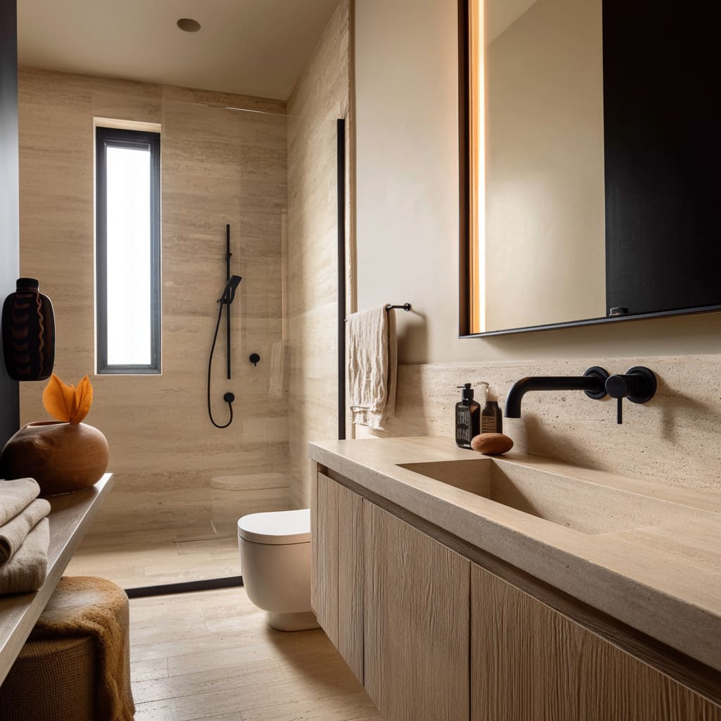 Slim travertine corridor bathroom concept with vertical light curtain and grounded black lines. Slim travertine corridor bathroom concept with vertical light curtain and grounded black lines.