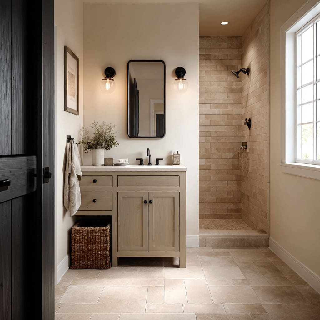 Small beige bathroom design with cottage vanity and friendly black accents. Small beige bathroom design with cottage vanity and friendly black accents.