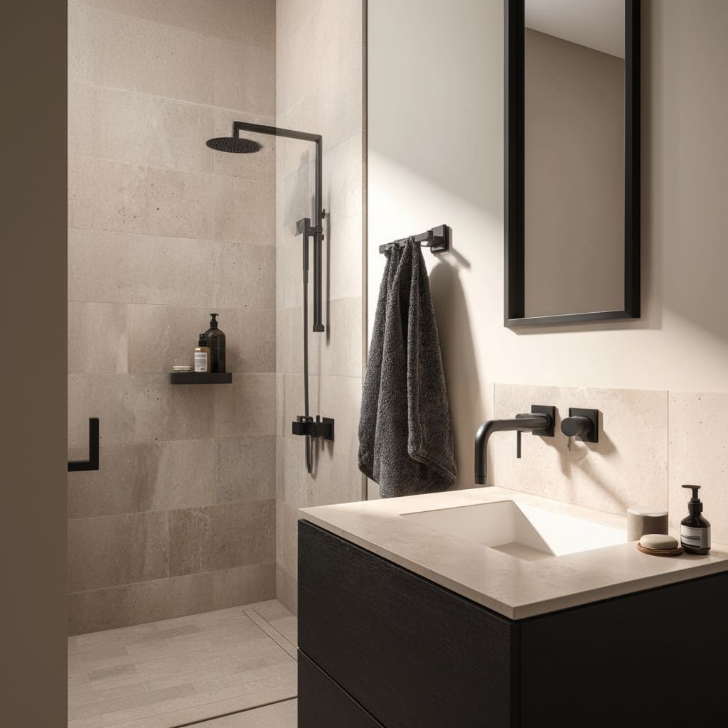 Soft beige alcove design with strong black geometry and a charcoal textile drapery moment. Soft beige alcove design with strong black geometry and a charcoal textile drapery moment.