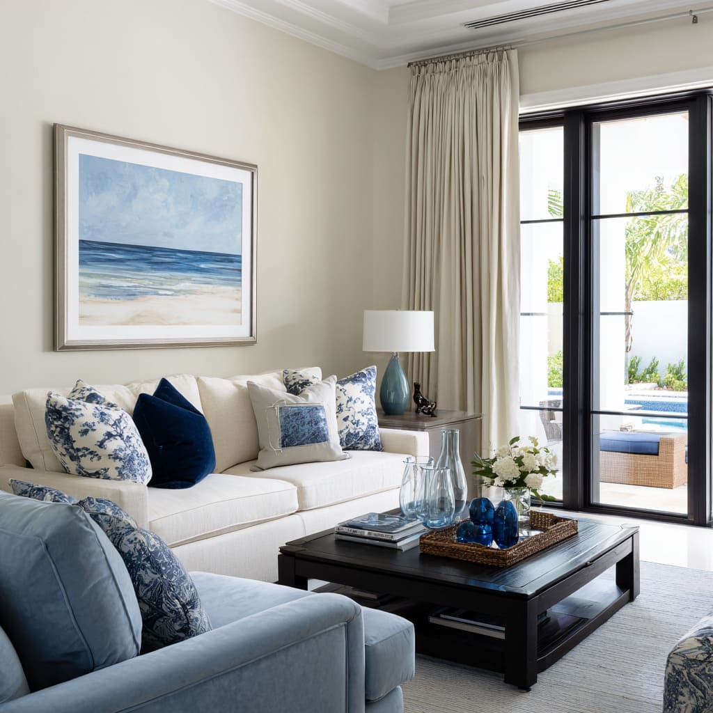 Soft-neutral coastal room with a blue club chair and layered blue-and-white textiles Soft-neutral coastal room with a blue club chair and layered blue-and-white textiles