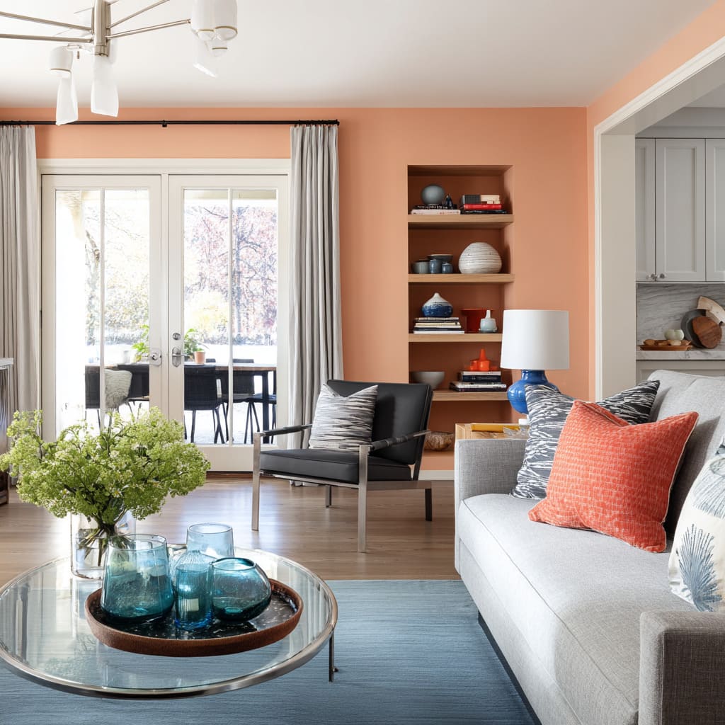 Soft peach wall as an all-over warm wash, with built-in niches that keep it modern Soft peach wall as an all-over warm wash, with built-in niches that keep it modern